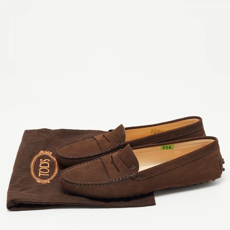 Pre Owned Tod's Brown Nubuck Leather Gommino Slip On Loafers Size 39.5