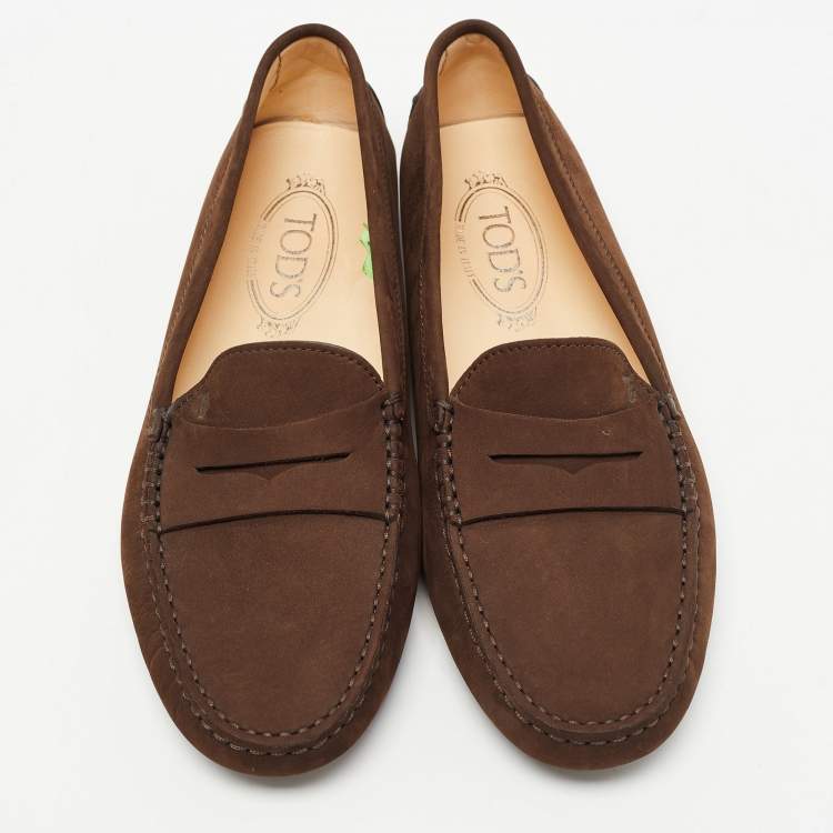 Pre Owned Tod's Brown Nubuck Leather Gommino Slip On Loafers Size 39.5