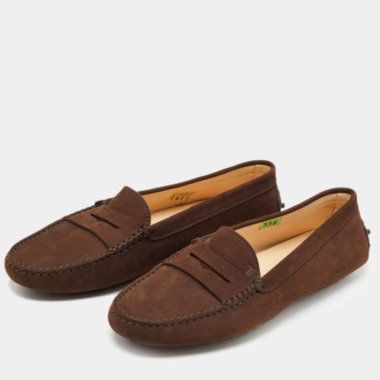 Pre Owned Tod's Brown Nubuck Leather Gommino Slip On Loafers Size 39.5
