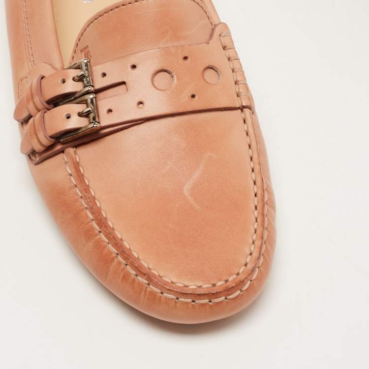 Pre Owned Tod's Light Brown Leather Buckle Detail Slip On Loafers Size 39