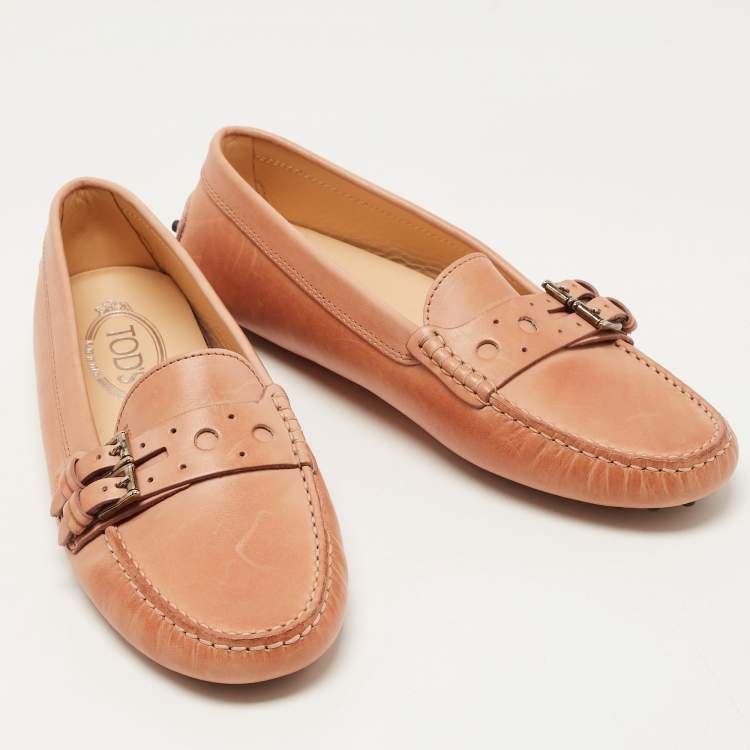 Pre Owned Tod's Light Brown Leather Buckle Detail Slip On Loafers Size 39