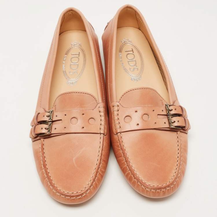 Pre Owned Tod's Light Brown Leather Buckle Detail Slip On Loafers Size 39