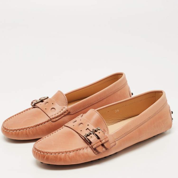 Pre Owned Tod's Light Brown Leather Buckle Detail Slip On Loafers Size 39