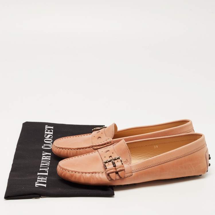 Pre Owned Tod's Light Brown Leather Buckle Detail Slip On Loafers Size 39