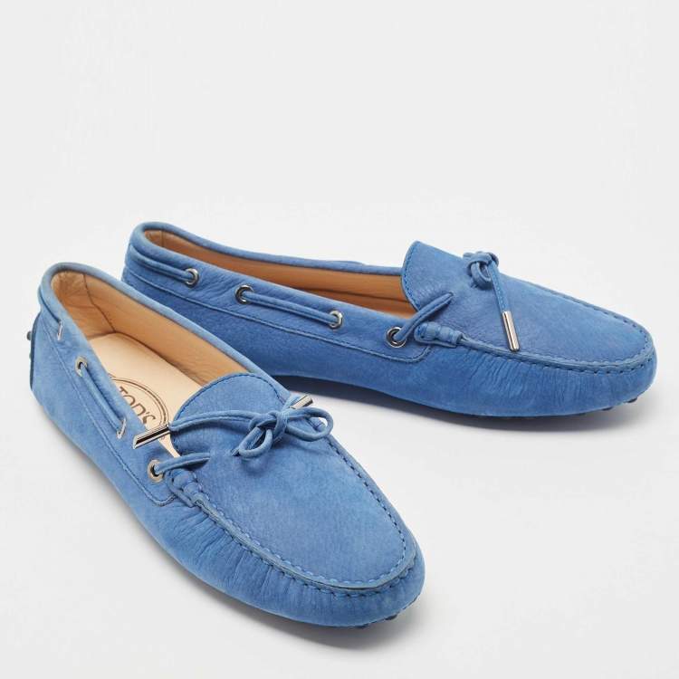 Pre Owned Tod's Blue Suede Gommino Bow Slip On Loafers Size 41