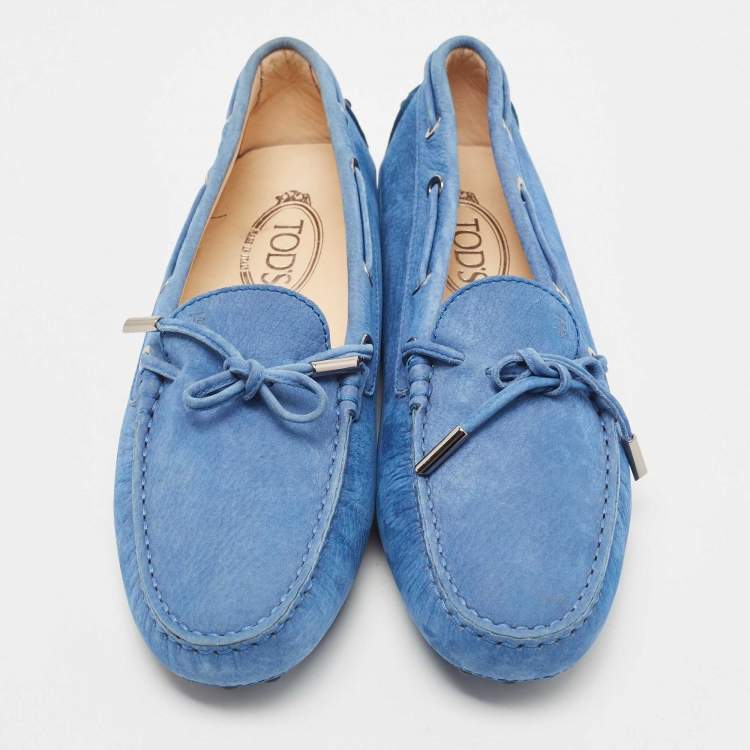 Pre Owned Tod's Blue Suede Gommino Bow Slip On Loafers Size 41
