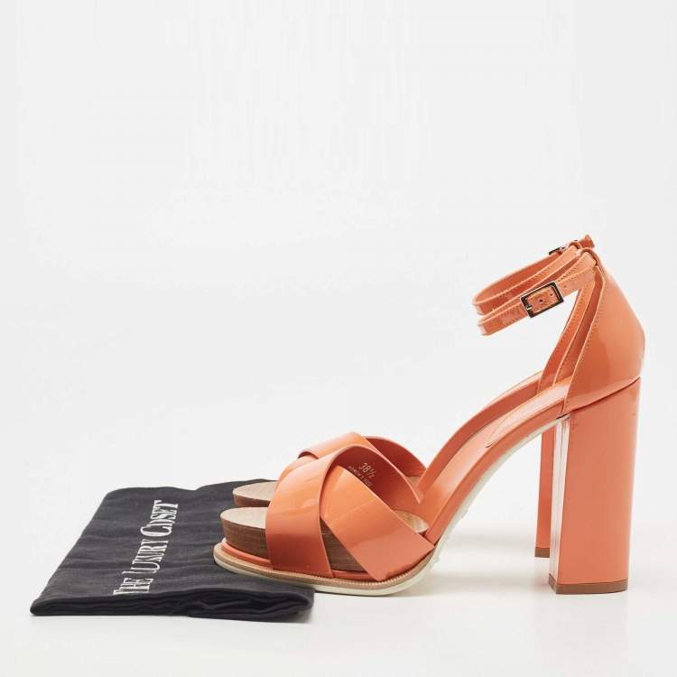 Pre Owned Tod's Light Orange Patent Leather Block Heel Ankle Strap Sandals Size 38.5