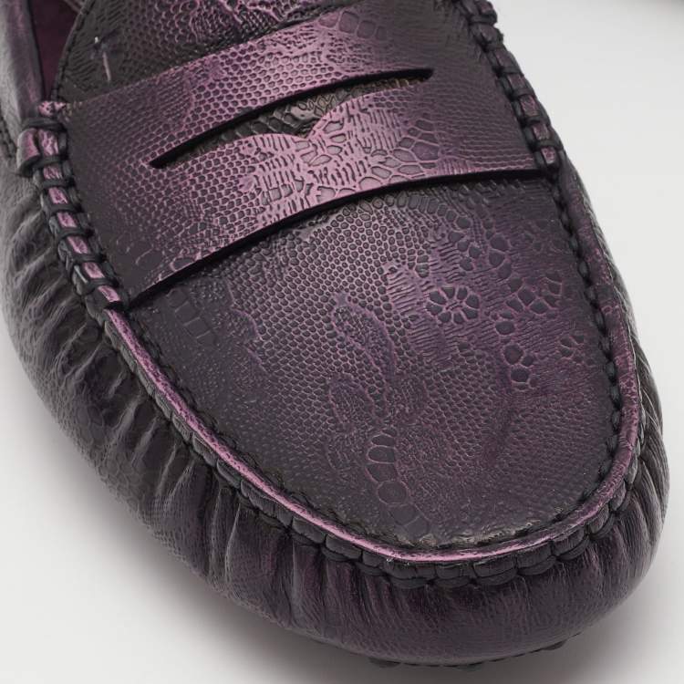 Pre Owned Tod's Purple Floral Embossed Leather Penny Driving Loafers Size 39