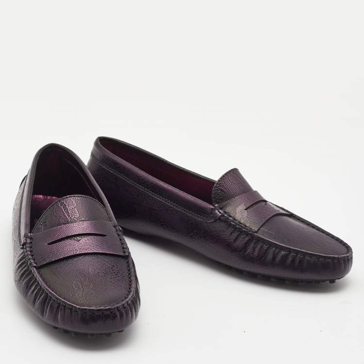Pre Owned Tod's Purple Floral Embossed Leather Penny Driving Loafers Size 39