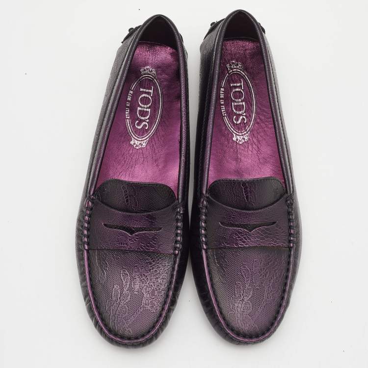Pre Owned Tod's Purple Floral Embossed Leather Penny Driving Loafers Size 39