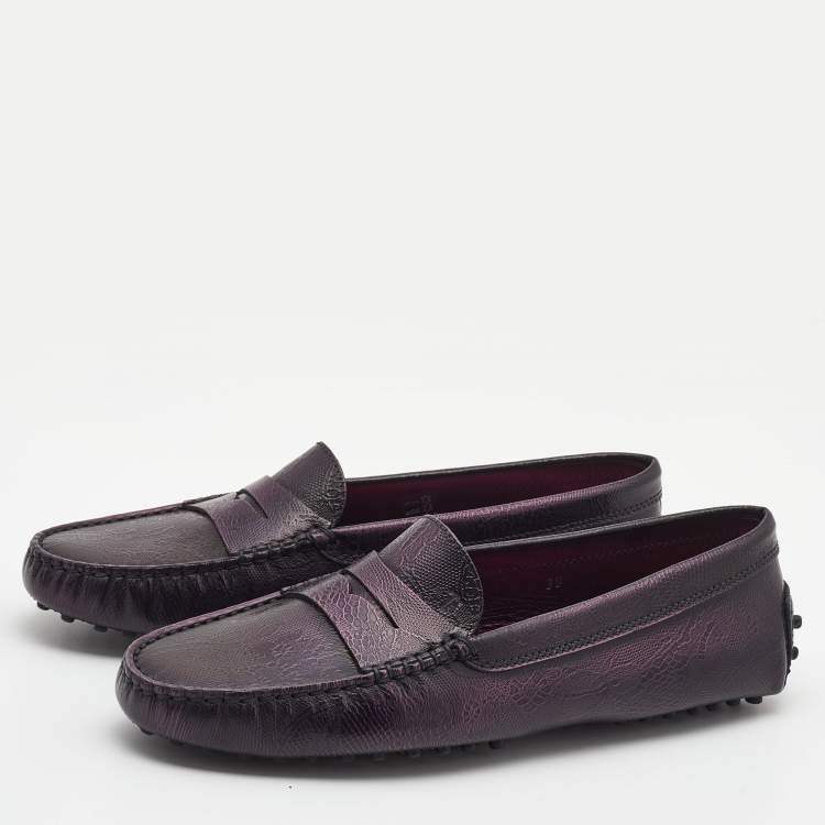 Pre Owned Tod's Purple Floral Embossed Leather Penny Driving Loafers Size 39