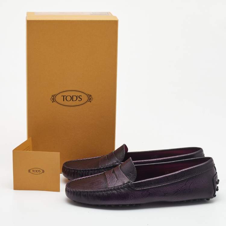 Pre Owned Tod's Purple Floral Embossed Leather Penny Driving Loafers Size 39