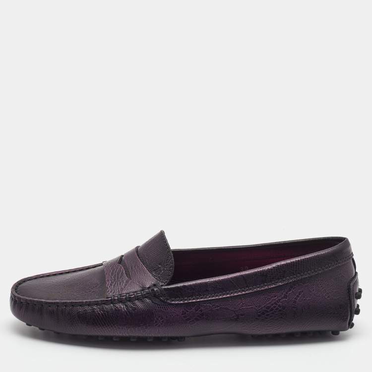 Pre Owned Tod's Purple Floral Embossed Leather Penny Driving Loafers Size 39