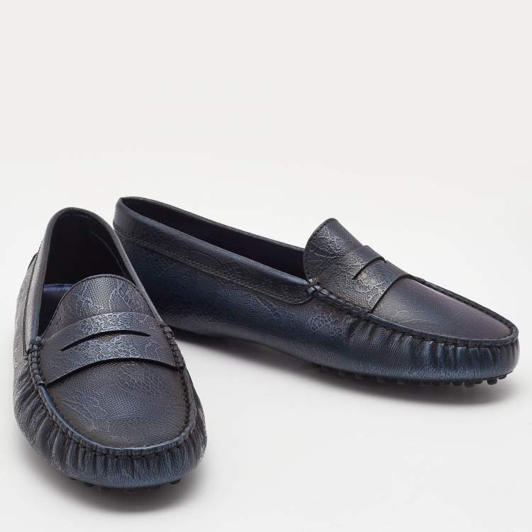 Pre Owned Tod's Navy Blue Embossed Leather Penny Driving Loafers Size 39