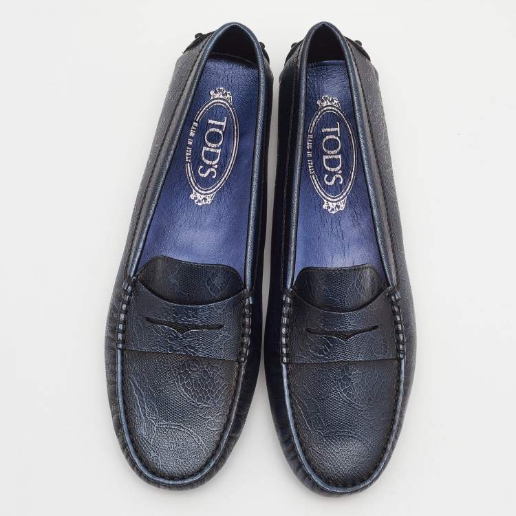 Pre Owned Tod's Navy Blue Embossed Leather Penny Driving Loafers Size 39