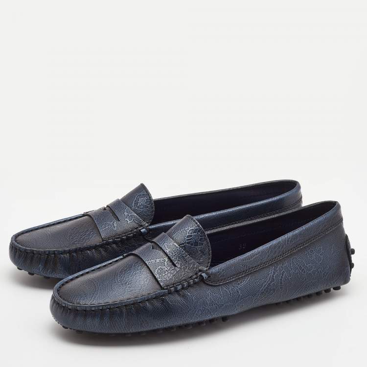 Pre Owned Tod's Navy Blue Embossed Leather Penny Driving Loafers Size 39