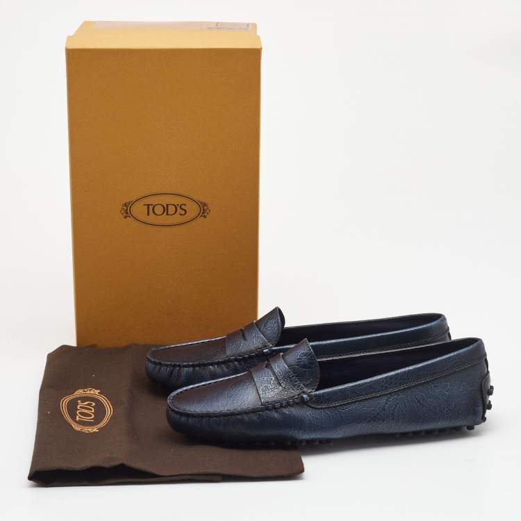 Pre Owned Tod's Navy Blue Embossed Leather Penny Driving Loafers Size 39