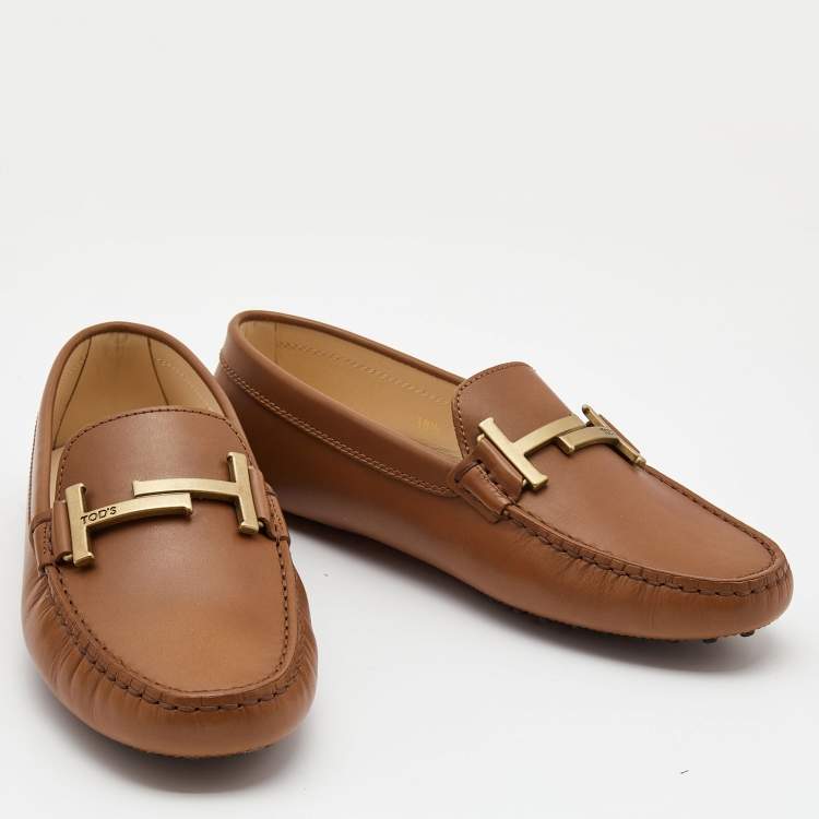 Pre Owned Tod's Brown Leather Double T Slip On Loafers Size 38.5