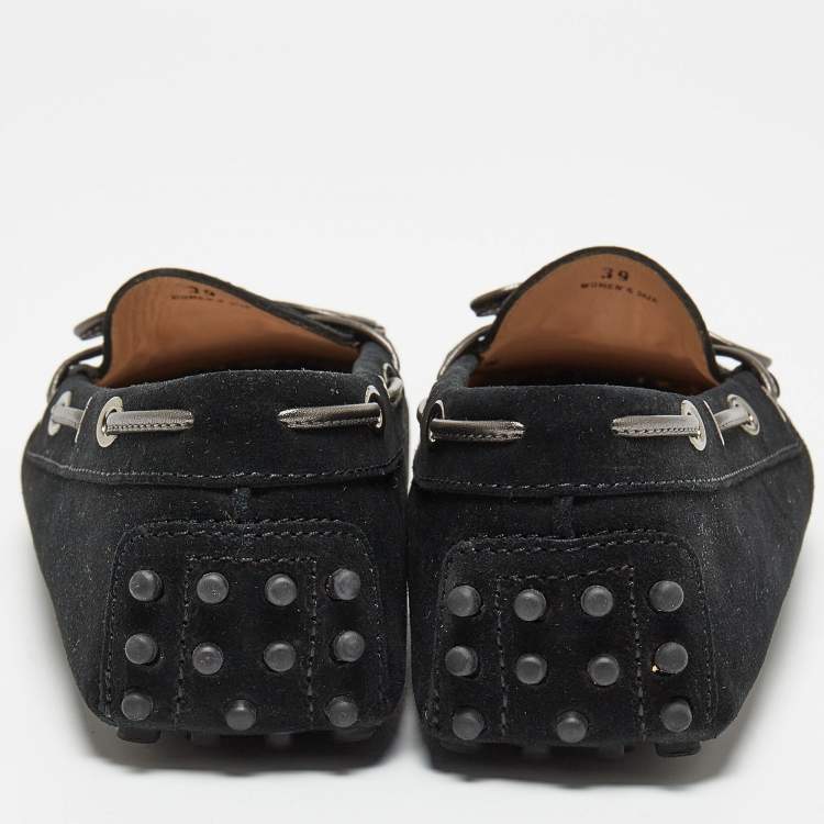 مملوكة مسبقًا Tod's Black Suede Accent Bow Slip On Loafers Size 39