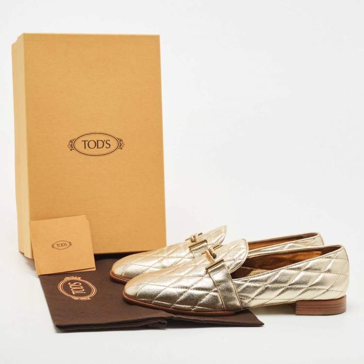 Pre Owned Tod's Gold Quilted Leather Double T Slip On Loafers Size 40.5