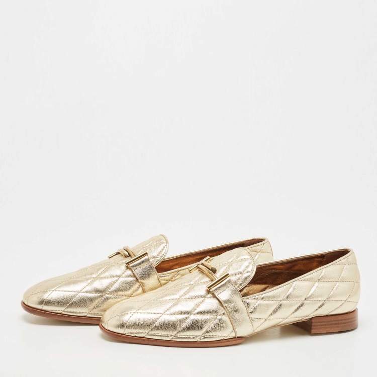 Pre Owned Tod's Gold Quilted Leather Double T Slip On Loafers Size 40.5