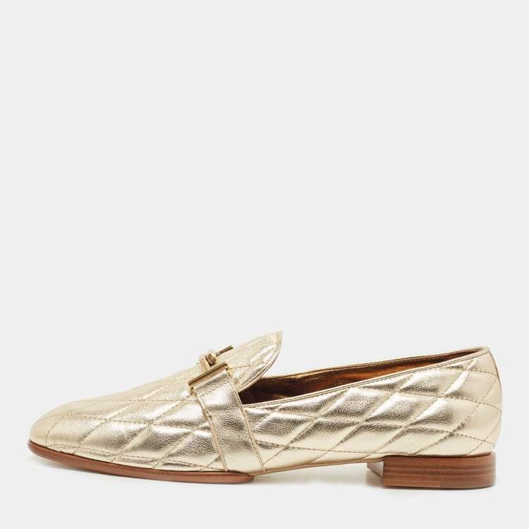 Pre Owned Tod's Gold Quilted Leather Double T Slip On Loafers Size 40.5
