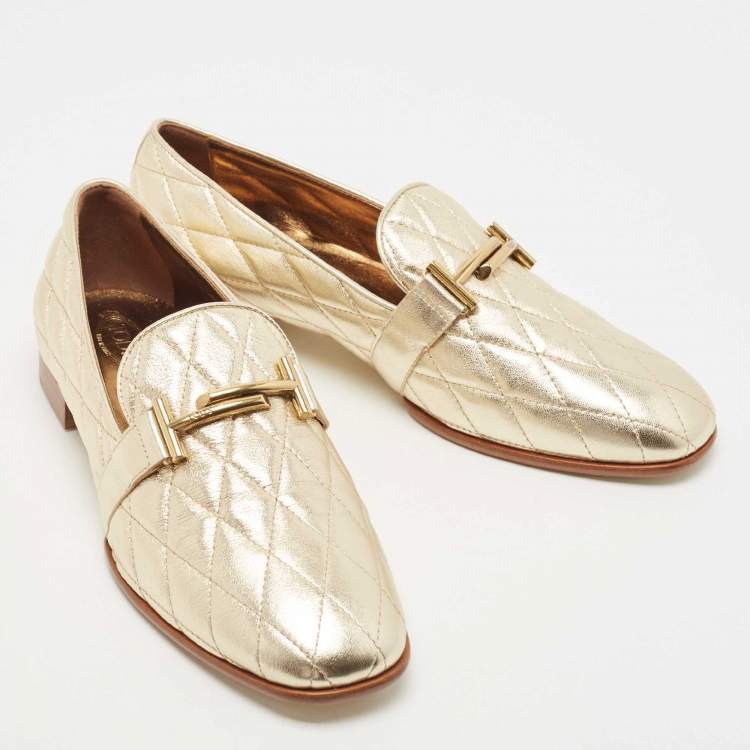 Pre Owned Tod's Gold Quilted Leather Double T Slip On Loafers Size 40.5