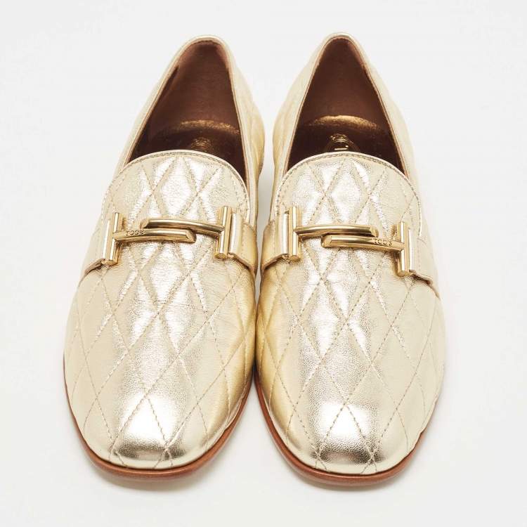 Pre Owned Tod's Gold Quilted Leather Double T Slip On Loafers Size 40.5