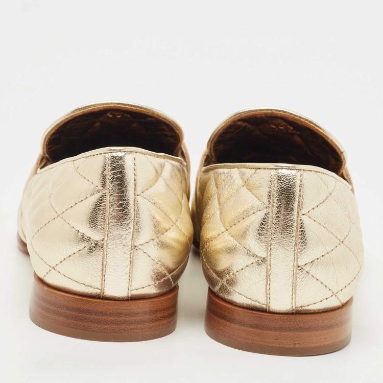 Pre Owned Tod's Gold Quilted Leather Double T Slip On Loafers Size 40.5