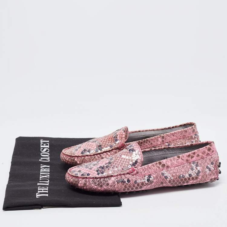 Pre Owned Tod's Pink Python Leather Embellished Loafers Size 37