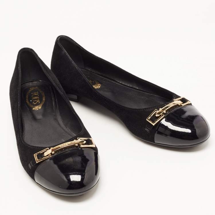 Pre Owned Tod's Black Suede and Patent Leather Buckle Ballet Flats Size 37