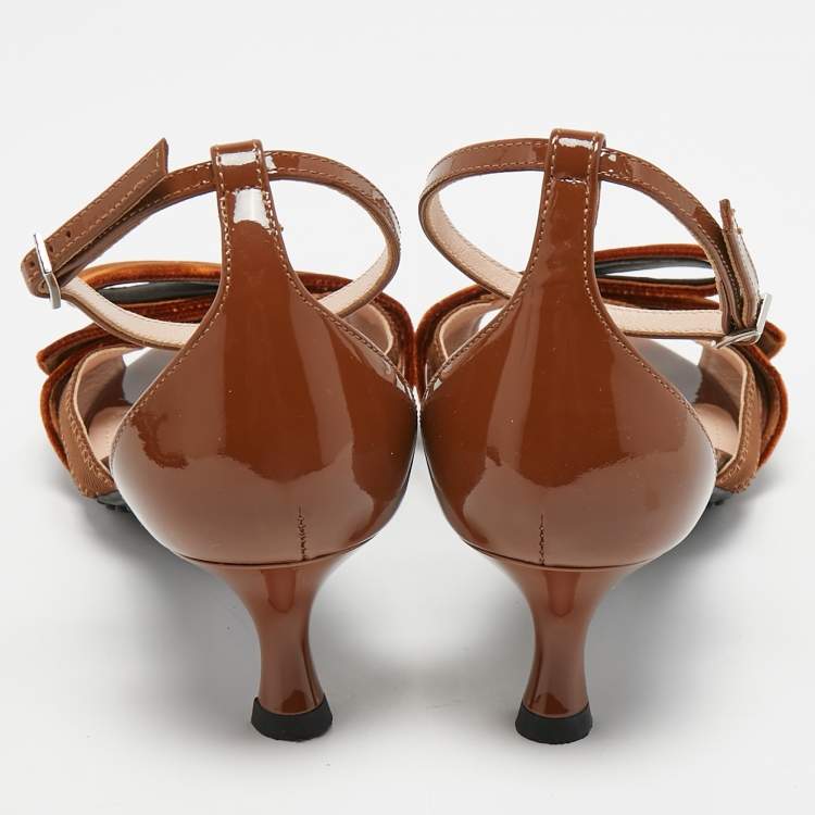 Pre Owned Tod's Brown Patent and Velvet Bow Ankle Strap Sandals Size 37.5
