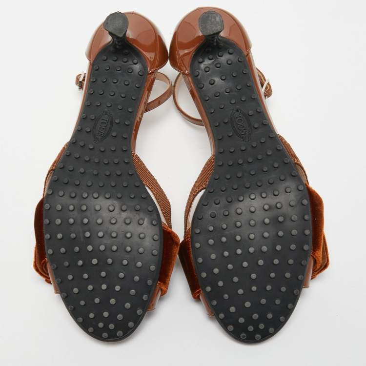 Pre Owned Tod's Brown Patent and Velvet Bow Ankle Strap Sandals Size 37.5