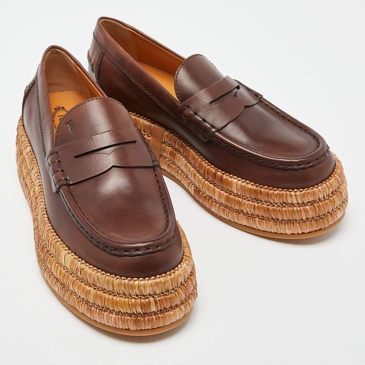 Pre Owned Tod's Brown Leather and Raffia Platform Loafers Size 37