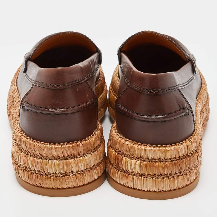 Pre Owned Tod's Brown Leather and Raffia Platform Loafers Size 37