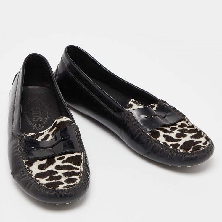 Pre Owned Tod's Black Patent Leather And Calf  Hair Gommino Penny Loafers Size 36