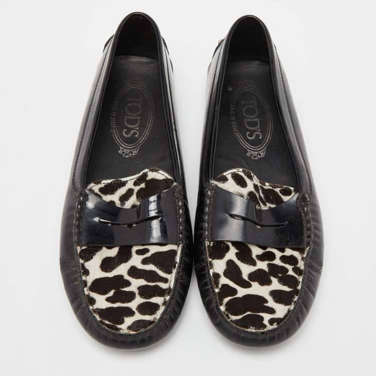 Pre Owned Tod's Black Patent Leather And Calf  Hair Gommino Penny Loafers Size 36