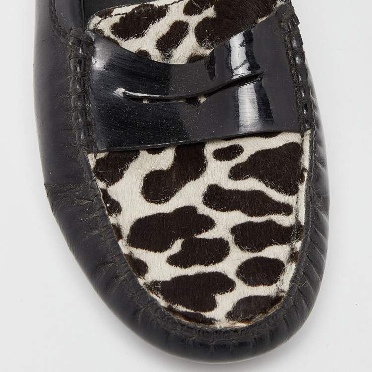 Pre Owned Tod's Black Patent Leather And Calf  Hair Gommino Penny Loafers Size 36