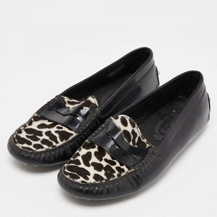 Pre Owned Tod's Black Patent Leather And Calf  Hair Gommino Penny Loafers Size 36