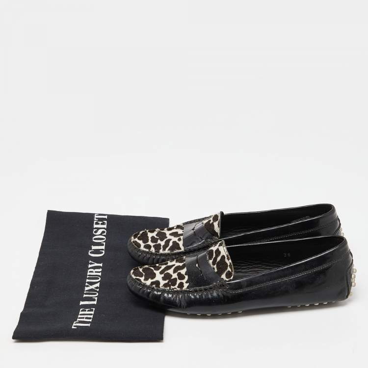 Pre Owned Tod's Black Patent Leather And Calf  Hair Gommino Penny Loafers Size 36