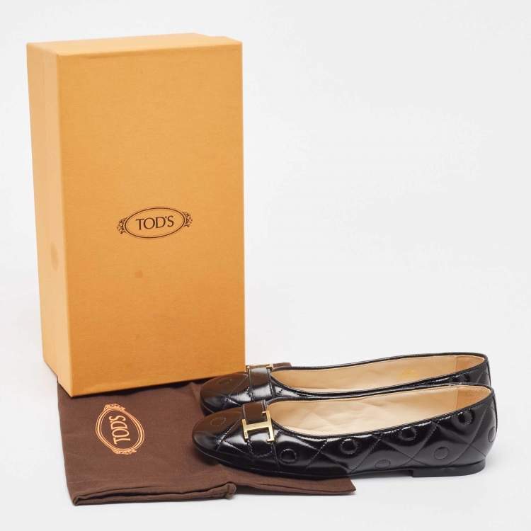 Pre Owned Tod's Black Quilted Leather T Buckle Ballet Flats Size 36.5
