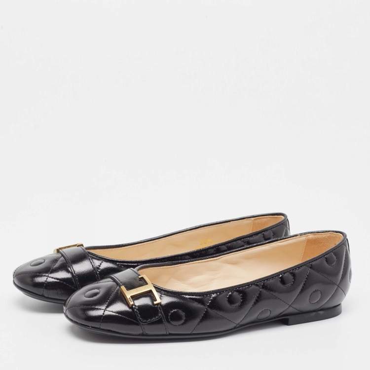 Pre Owned Tod's Black Quilted Leather T Buckle Ballet Flats Size 36.5
