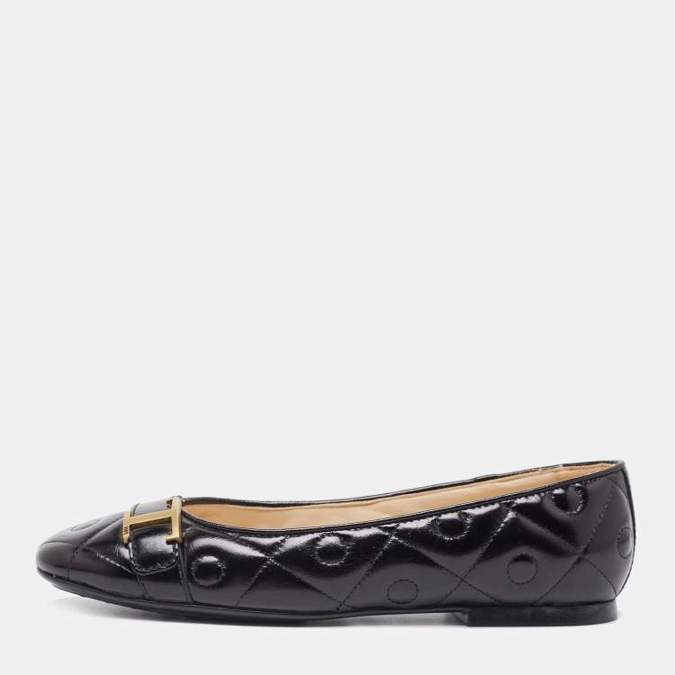 Pre Owned Tod's Black Quilted Leather T Buckle Ballet Flats Size 36.5