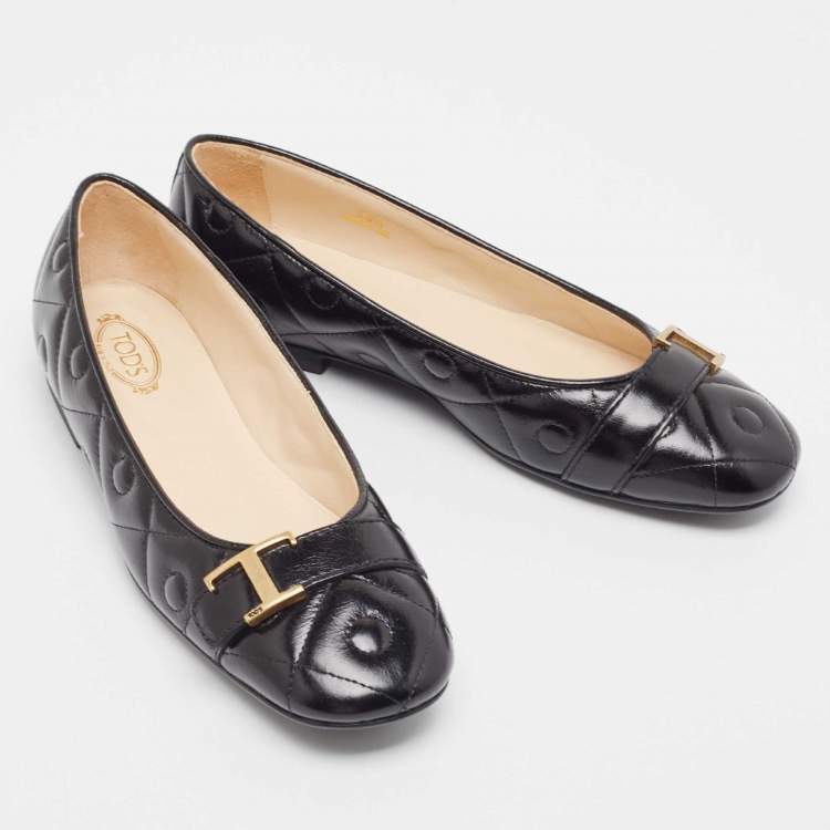 Pre Owned Tod's Black Quilted Leather T Buckle Ballet Flats Size 36.5