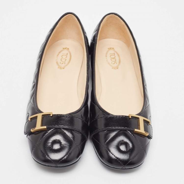 Pre Owned Tod's Black Quilted Leather T Buckle Ballet Flats Size 36.5