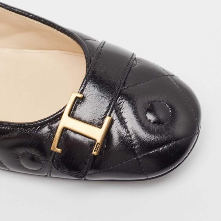 Pre Owned Tod's Black Quilted Leather T Buckle Ballet Flats Size 36.5