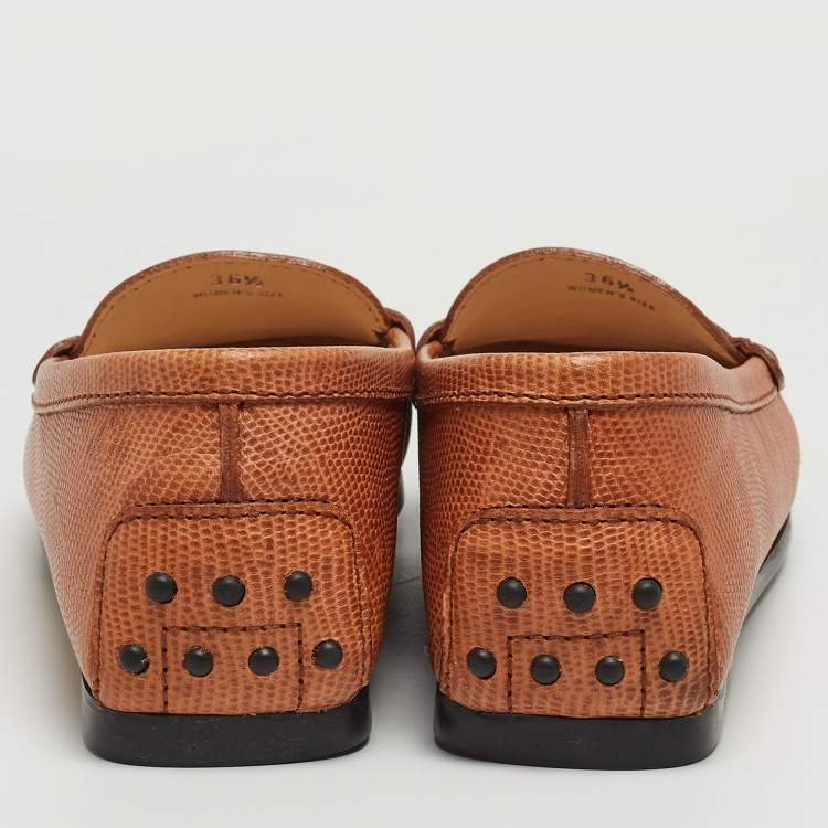Pre Owned Tod's Brown Lizard Embossed Leather Gommino Penny Slip On Loafers Size 36.5
