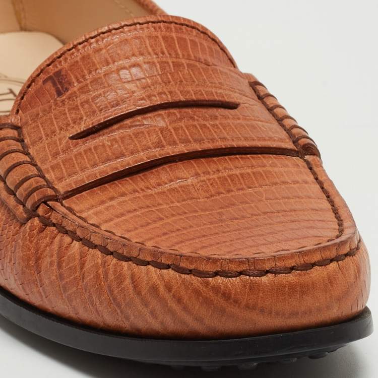 Pre Owned Tod's Brown Lizard Embossed Leather Gommino Penny Slip On Loafers Size 36.5