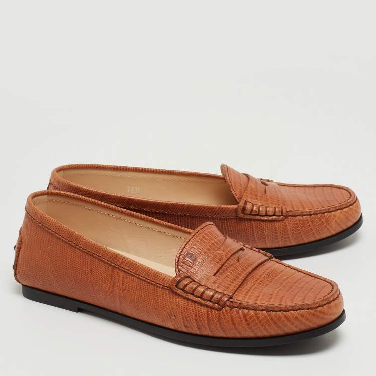 Pre Owned Tod's Brown Lizard Embossed Leather Gommino Penny Slip On Loafers Size 36.5