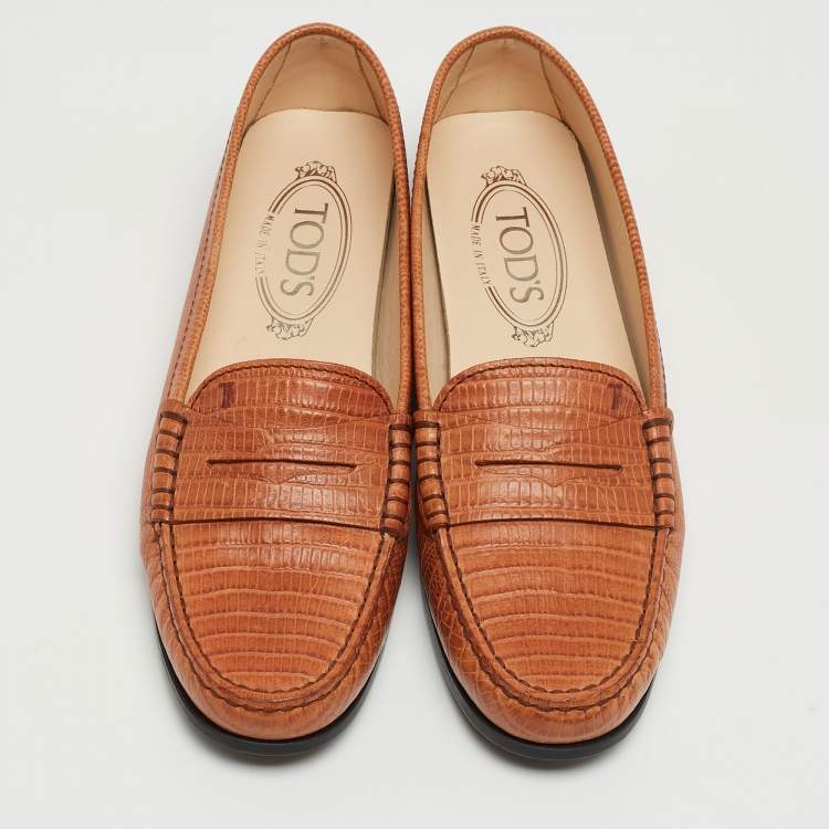 Pre Owned Tod's Brown Lizard Embossed Leather Gommino Penny Slip On Loafers Size 36.5